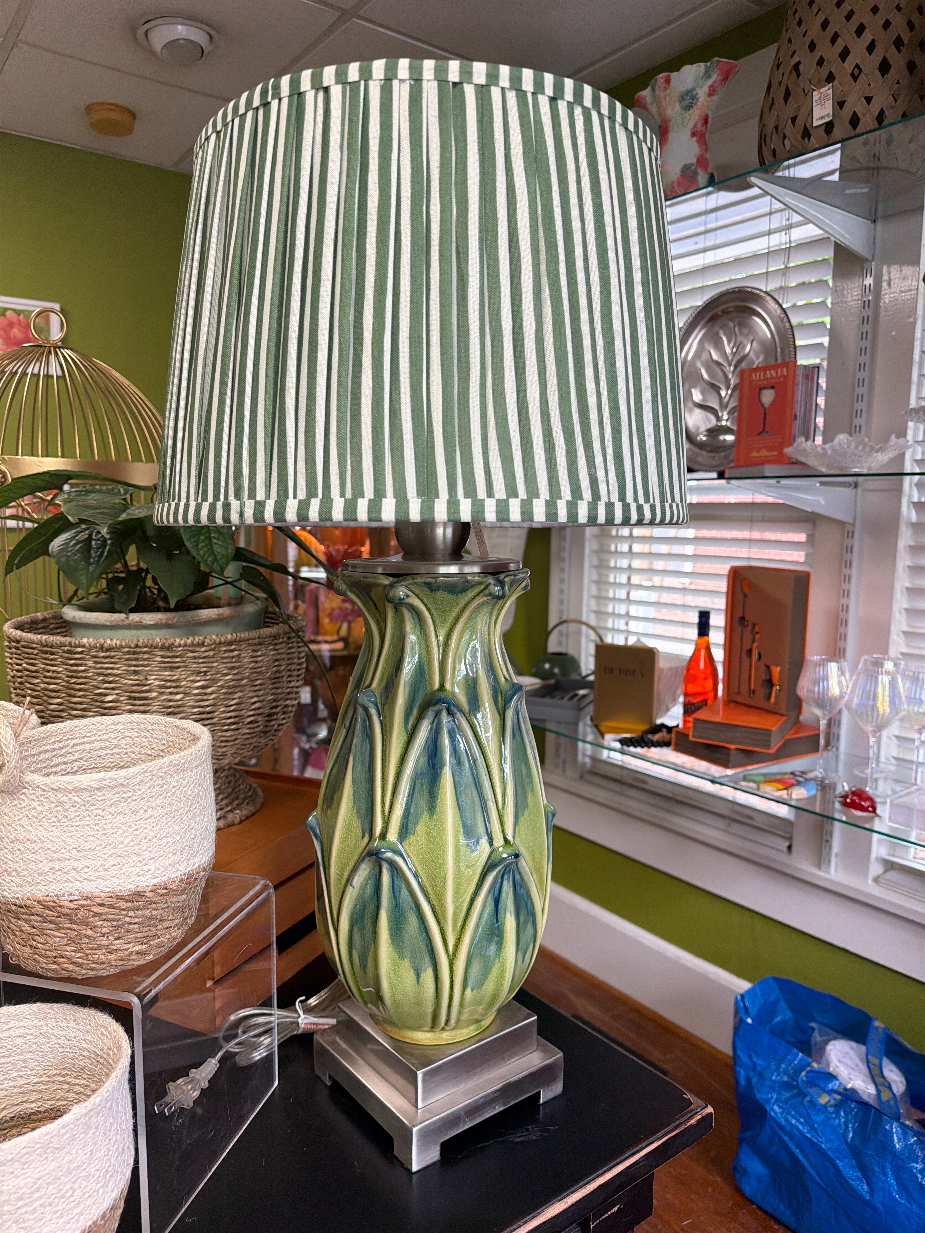 Lamp Green, w striped shade