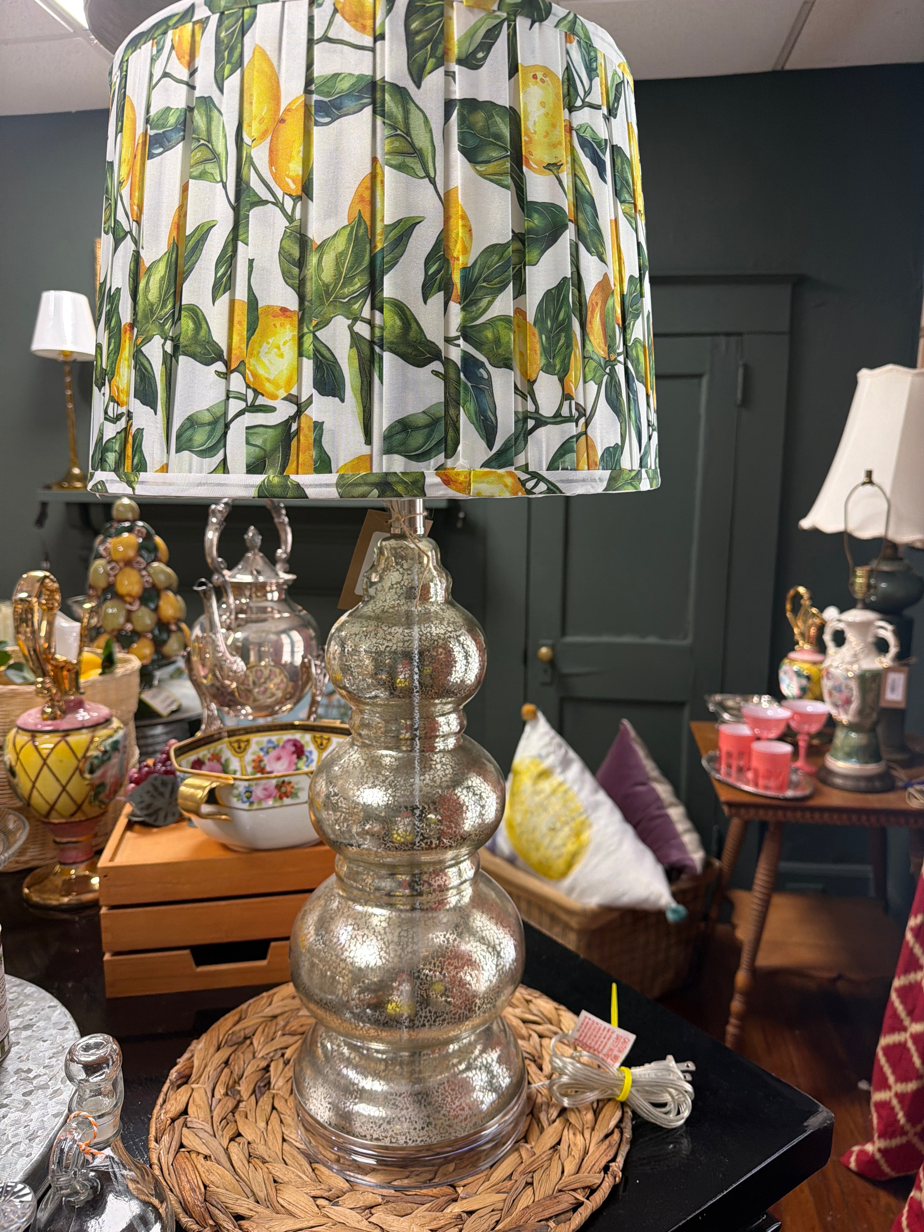 Mercury Glass Lamp, with Lemon Shade