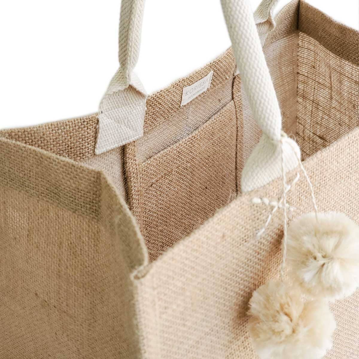 Handmade Burlap Jute Tote l Market Bag with Pompom