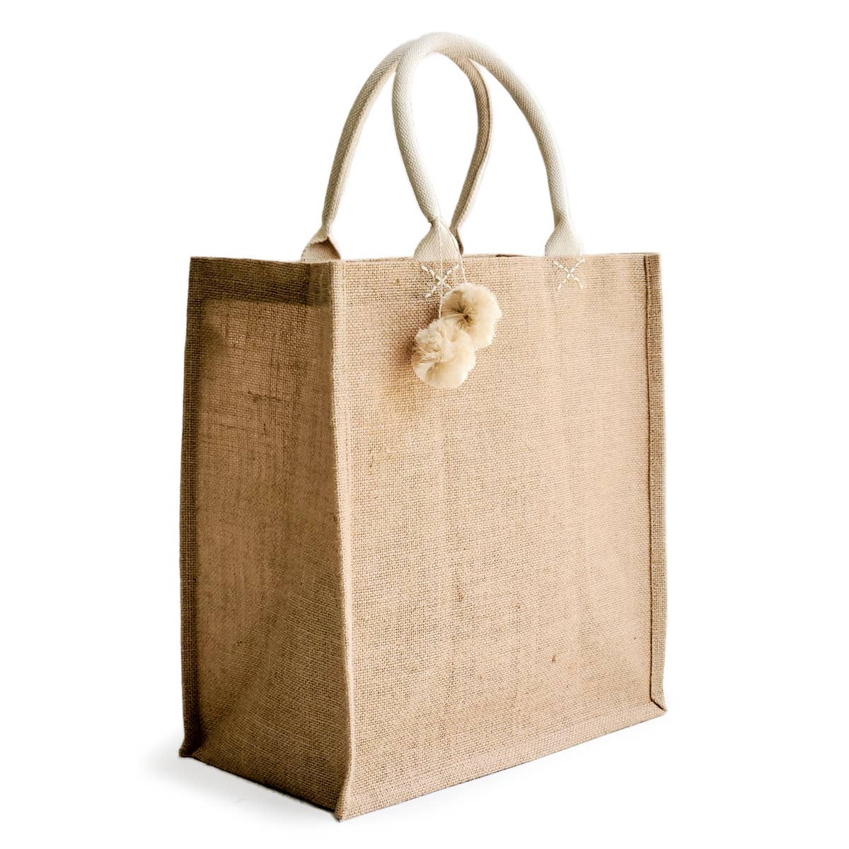 Handmade Burlap Jute Tote l Market Bag with Pompom