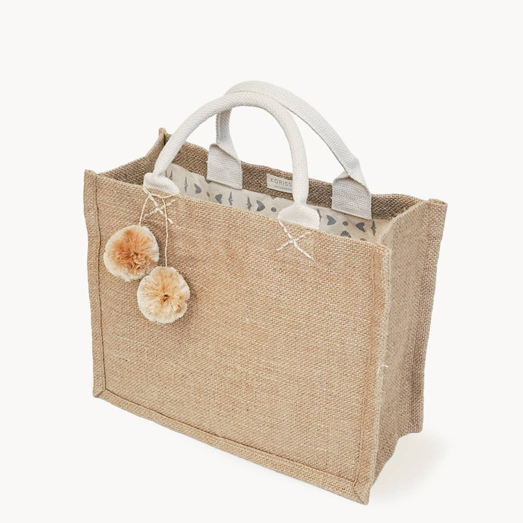 Handmade Burlap Jute • Canvas Tote • Gift Bag W/Pompom (S): Gray