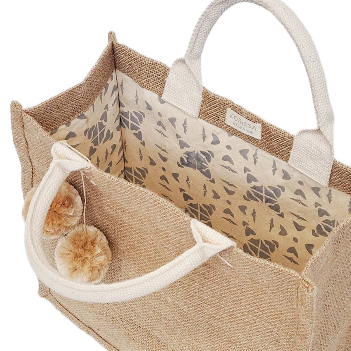 Handmade Burlap Jute • Canvas Tote • Gift Bag W/Pompom (S): Gray